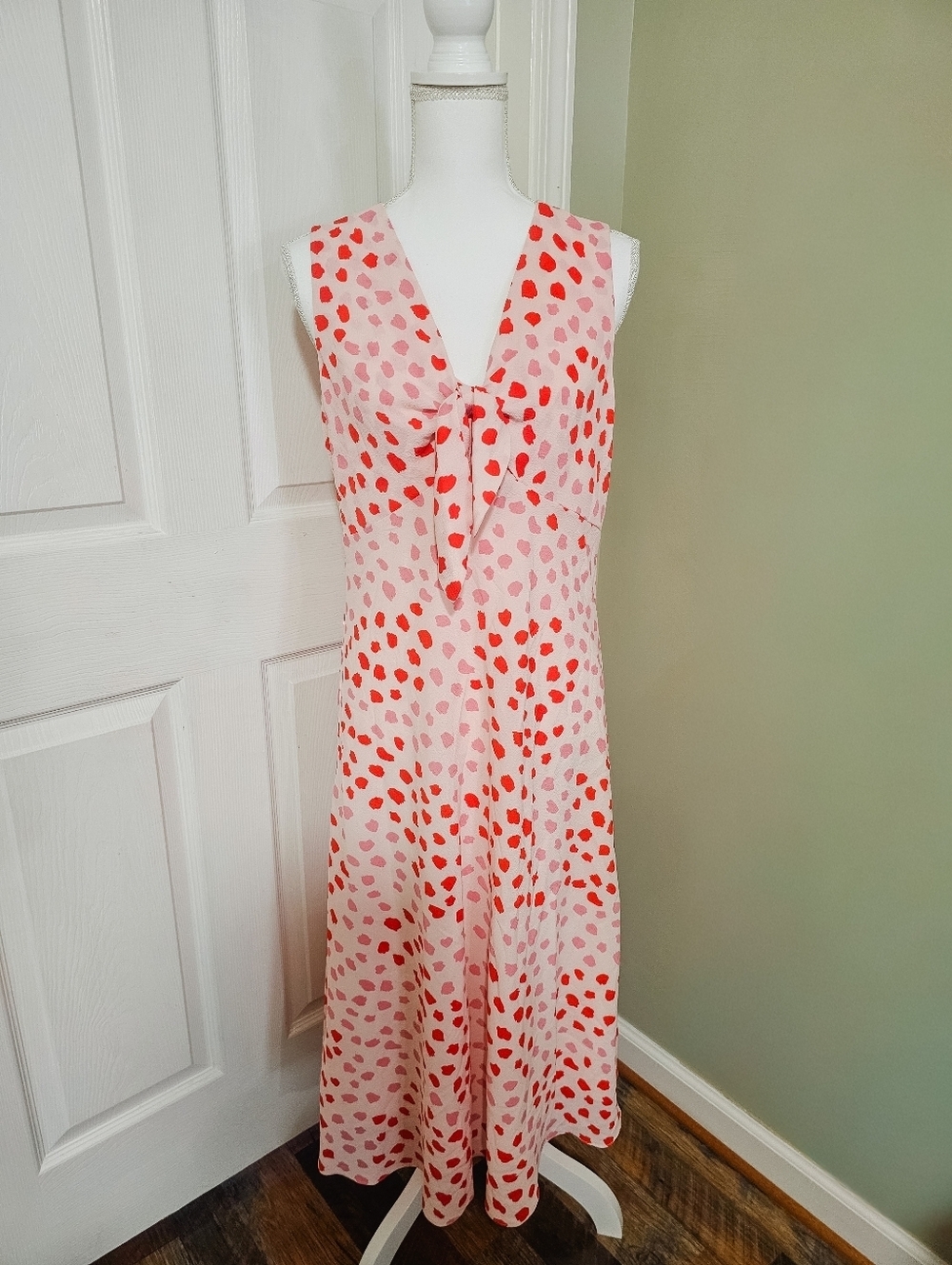 BCBGeneration Blush Pink Tie-Front Midi Dress Red Animal Print Romantic Size 12